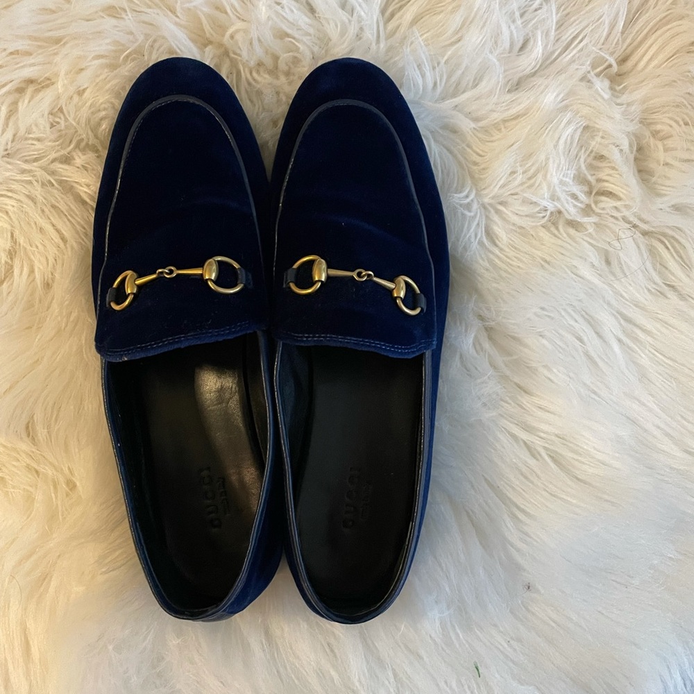 Gucci Deep Blue Velvet Jordaan Loafers